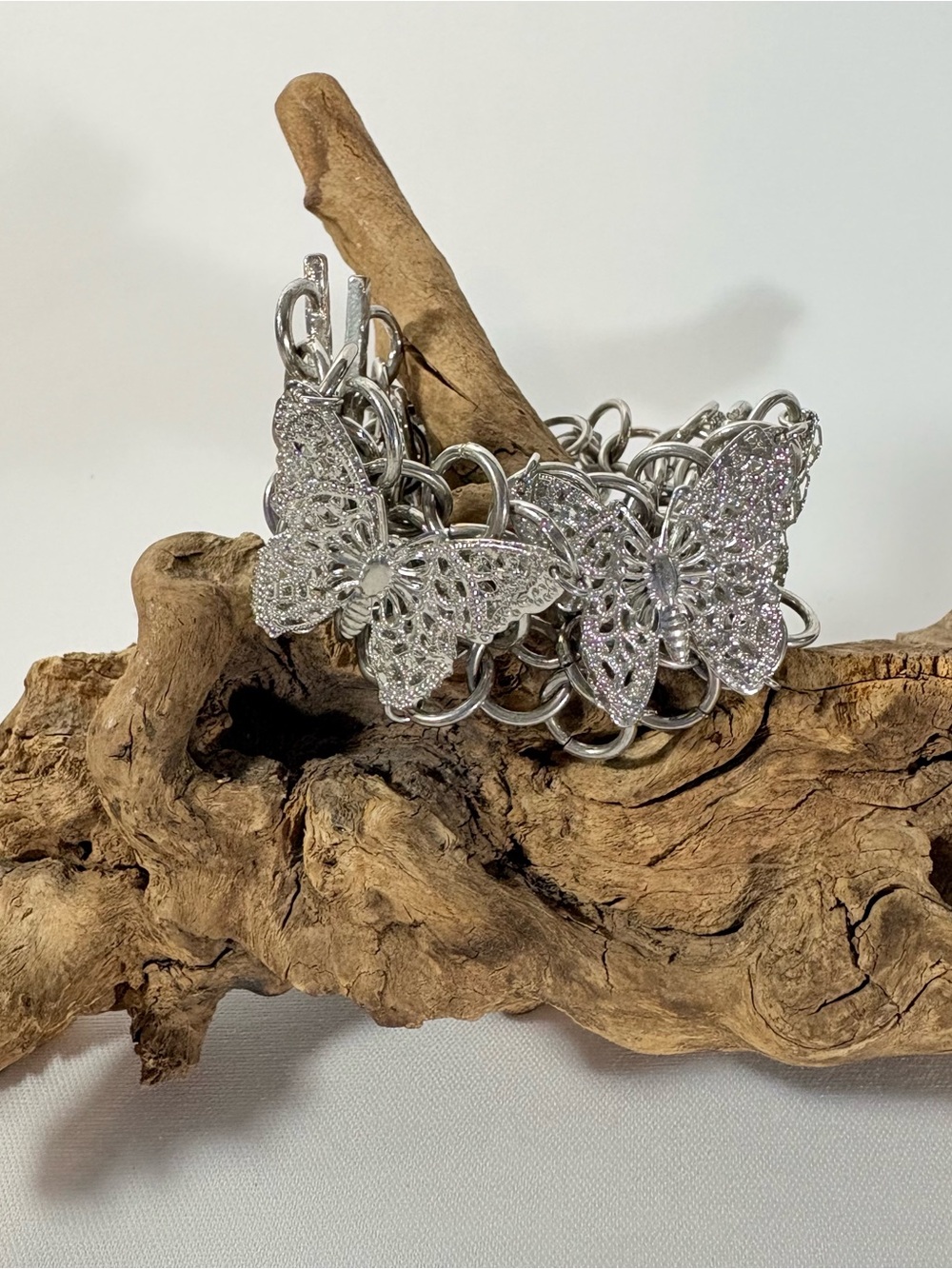 Silver Tone Butterfly Link Bracelet Statement Chain Boho Chic Toggle Clasp
